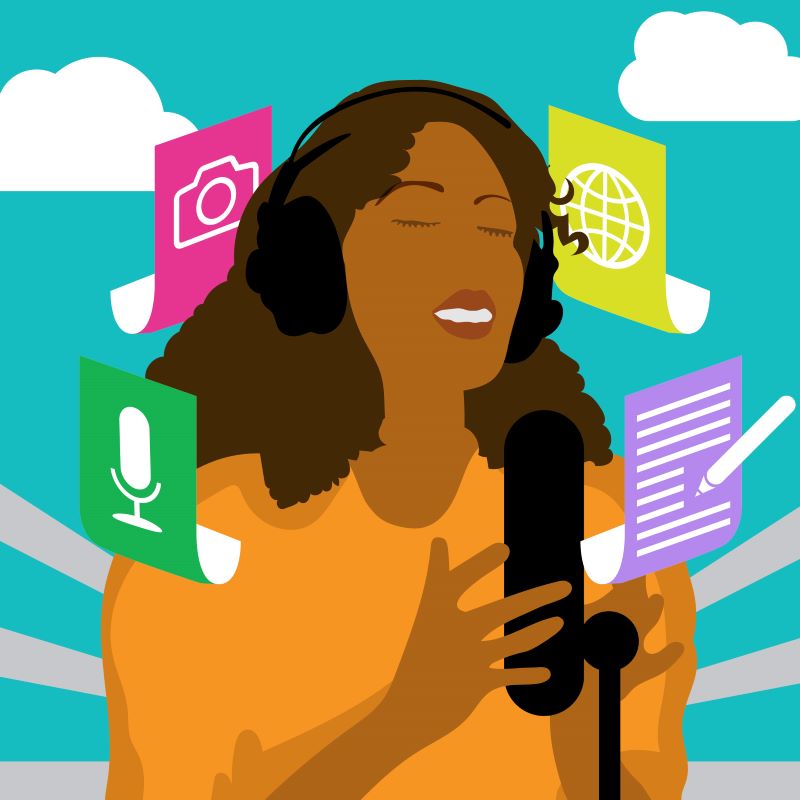 Illustration of women standing in front of a microphone with graphics representing media, news, and photography around her. 