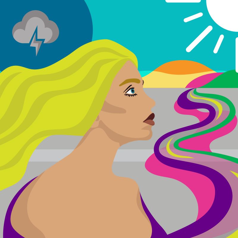 Illustration of a woman standing next to a river and looking into the distance. A storm cloud with lightning is above her, but rays of sunshine are ahead.