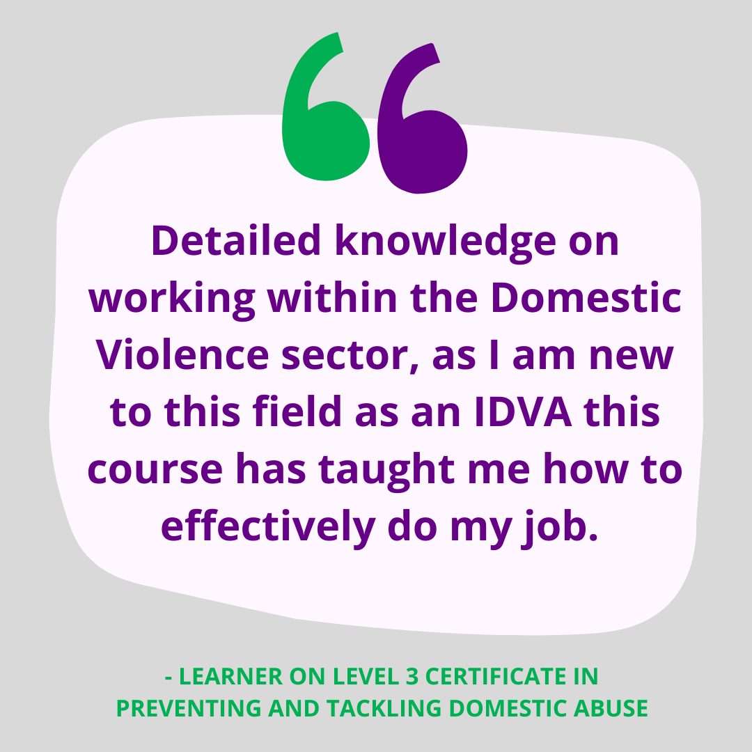 Illustration showing quote from training attendee. Quote says: Detailed knowledge on working within the Domestic Violence sector, as I am new to this field as an IDVA, this course has taught me how to effectively do my job.