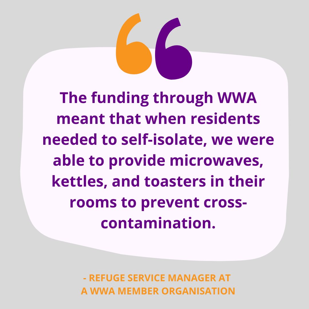 Image showing a quote from a Refuge service manager at a WWA member organisation. Text says: The funding through WWA meant that when residents needed to self-isolate, we were able to provide microwaves, kettles, and toasters in their rooms to prevent cross-contamination.