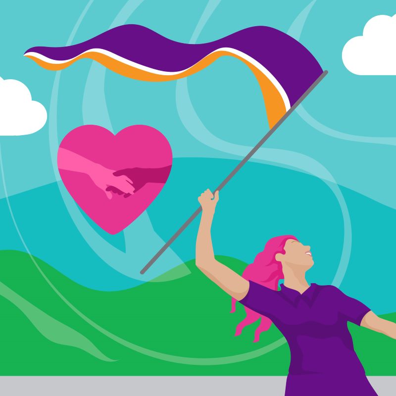 Illustration of a woman waving a flag with the Welsh Women's Aid colours. In the background are hills and a heart showing two clasped hands.