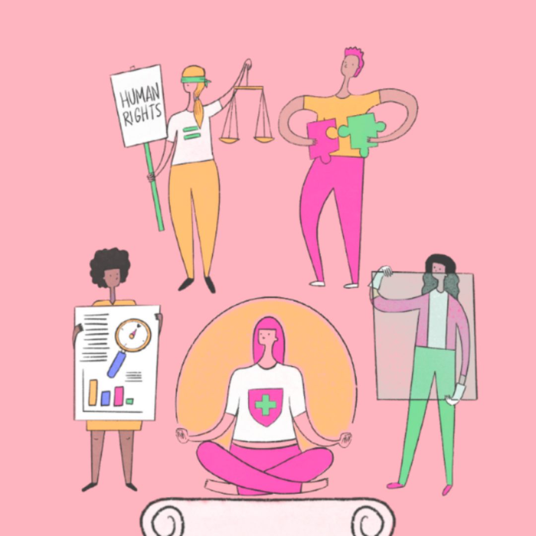 Illustration representing different aspects of research: a woman holding up a chart with data, a woman holding the scales of justice and a sign that says human rights, a woman holding up a transparent window, and a woman putting two puzzle pieces together.