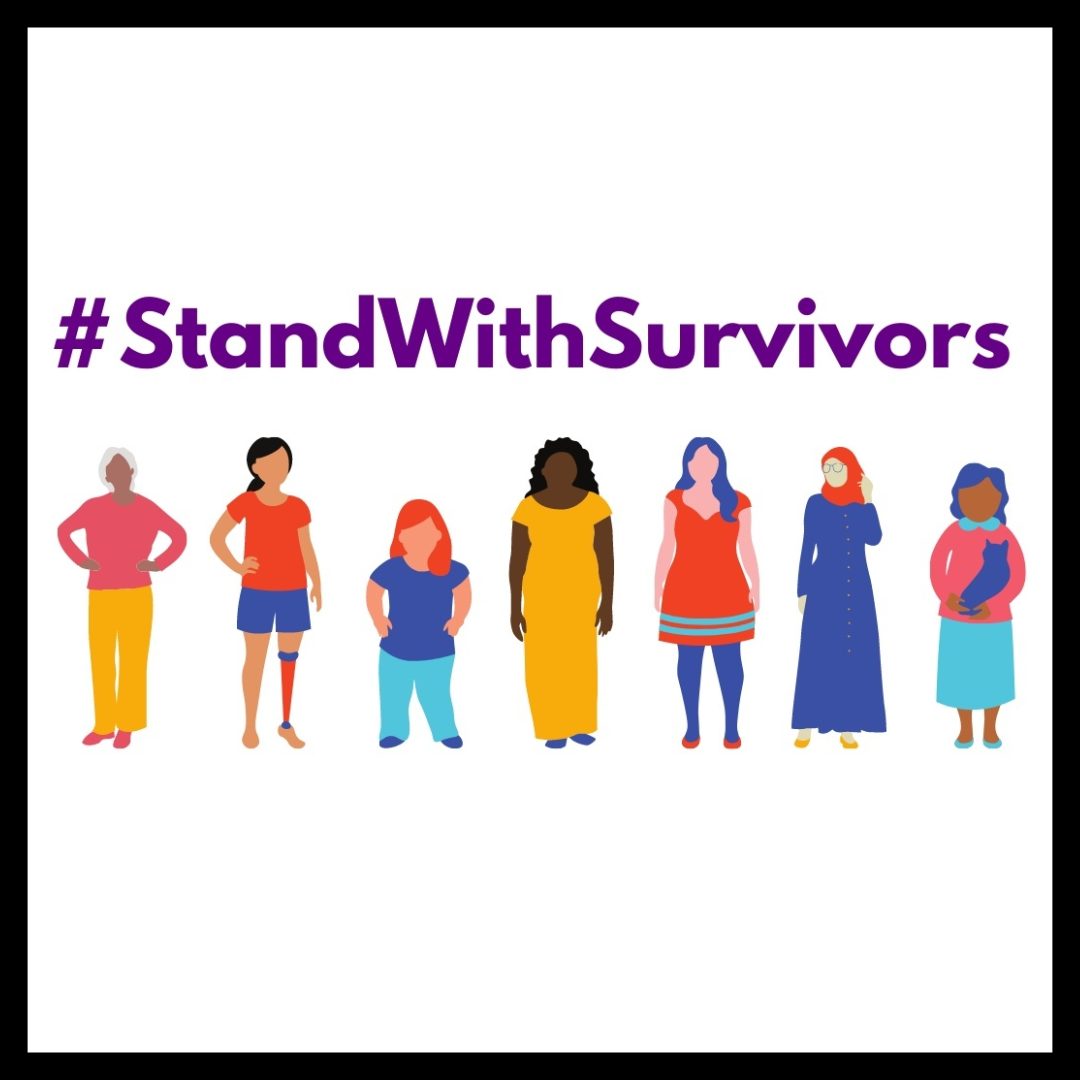 Illustration of diverse people beneath the hashtag Stand With Survivors.