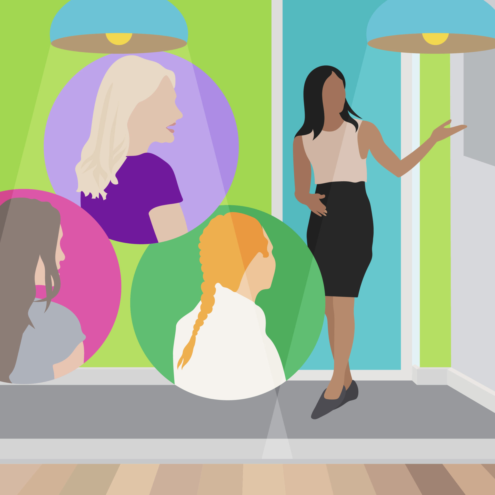 Illustration of a woman standing at the front of a room gesturing toward a presentation while three other women listen.