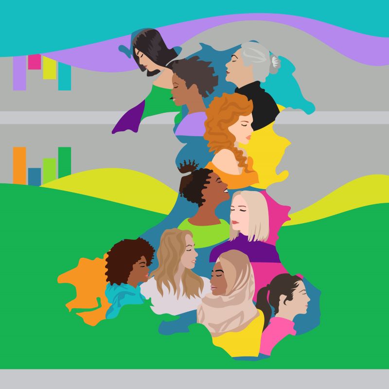 Illustration showing the outline of Wales filled with diverse women's faces.