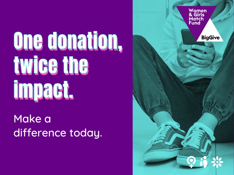 Large, white text on a purple background reads 'One donation, twice the impact. Make a difference today.' next to a picture of a teen sat on the floor on their phone.
