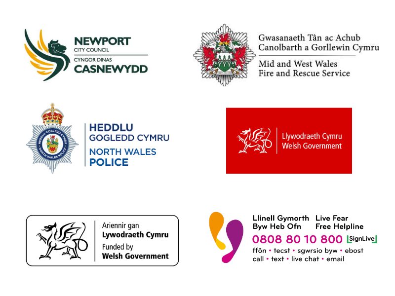 Logos for Welsh Government, Live Fear Free Helpline, Newport City Council, North Wales Police, Mid and West Wale Fire & Rescue Service
