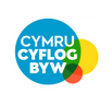 Blue circle with white text saying 'cymru cyflog byw'