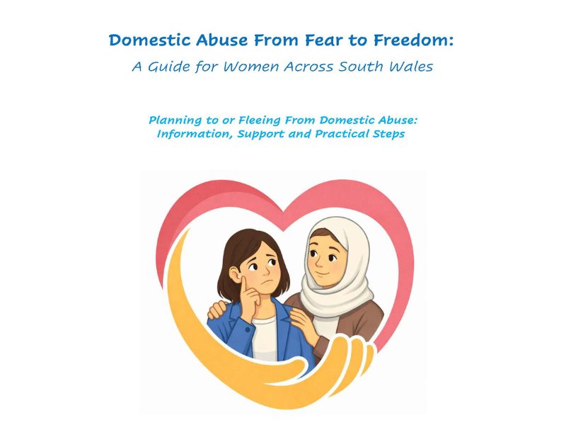Image shows 1 woman comforting another woman inside a heart. Text above reads: Domestic Abuse From Fear to Freedom - Guide To Fleeing Domestic Abuse