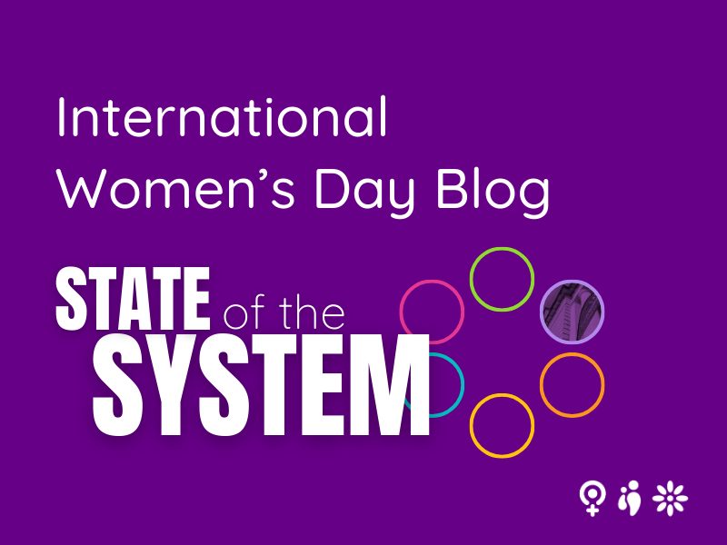 Purple background, white text reads: International Women's Day Blog - State of the System
