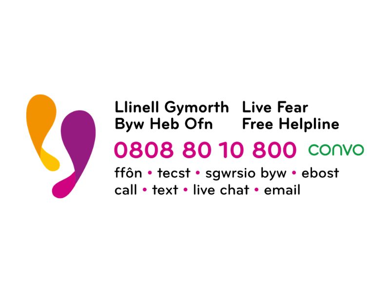 live fear free logo with helpline number: 0808 80 10 800