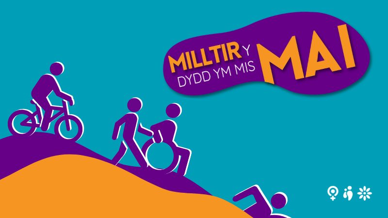 Blue background with purple stick figures walking, cycling, swimming. Orange text reads - Milltir y Dydd Ym Mis Mai