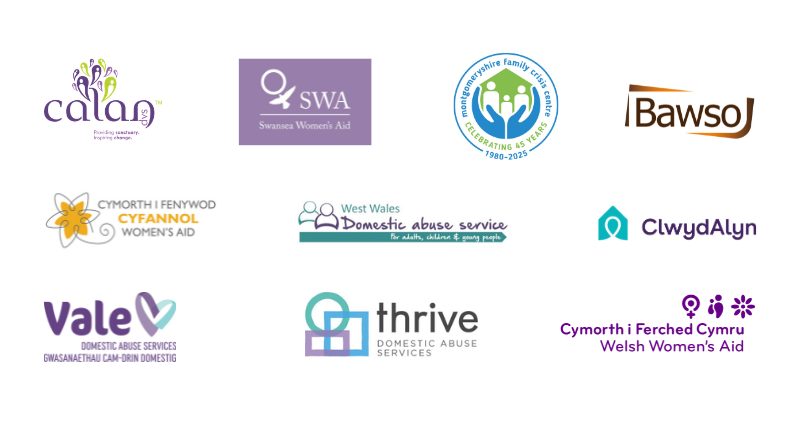 Member logos: Bawso CAHA, Calan DVS, Cyfannol, MFCC, Swansea WA, Thrive, WWDAS, Vale, Welsh Women's Aid