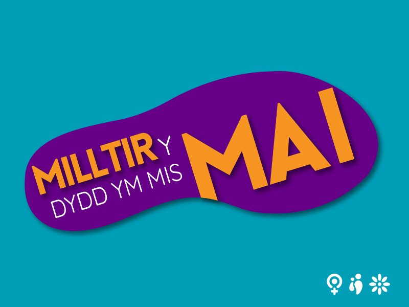 Blue background, with large purple footprint in the centre with orange text in the middle that reads - Milltir y Dydd Ym Mis Mai