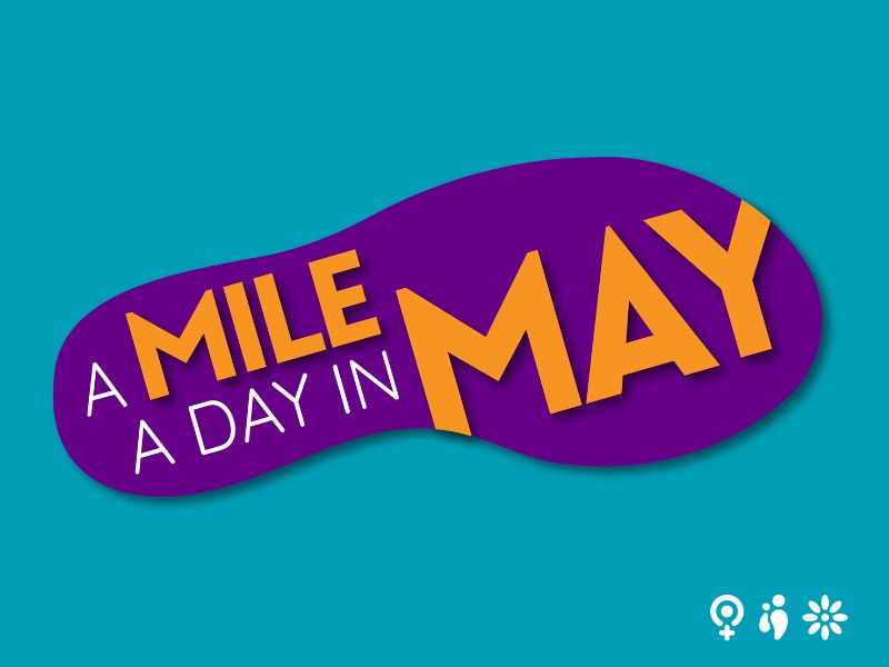 Blue background, with large purple footprint in the centre with orange text in the middle that reads - A Mile A Day In May